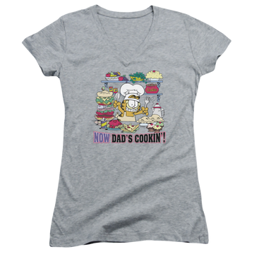 Athletic heather juniors v-neck t-shirt with Garfield Now Dads Cooking graphic
