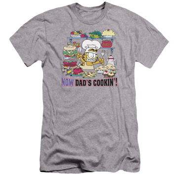 Athletic heather men's premium slim fit t-shirt with Garfield Now Dads Cooking graphic