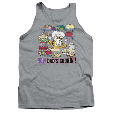 Athletic heather men's tank with Garfield Now Dads Cooking graphic