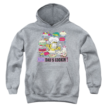 Athletic heather youth hoodie for ages 8 to 12 with Garfield Now Dads Cooking graphic