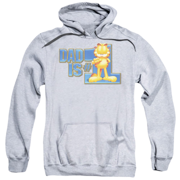 Athletic heather pullover hoodie with Garfield Dad Is Number One graphic
