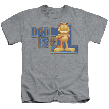 Athletic heather kid's t-shirt for ages 4 to 7 with Garfield Dad Is Number One graphic