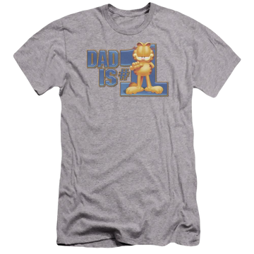 Athletic heather men's premium slim fit t-shirt with Garfield Dad Is Number One graphic
