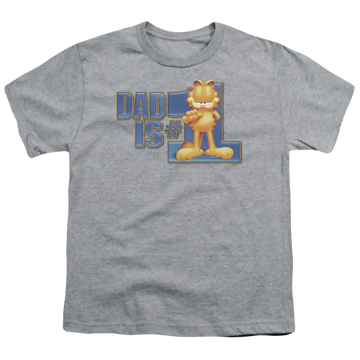 Athletic heather youth t-shirt for ages 8 to 12 with Garfield Dad Is Number One graphic