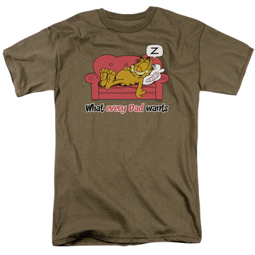 Safari green men's regular fit t-shirt with Garfield What Every Dad Wants graphic