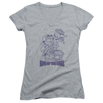 Athletic heather juniors v-neck t-shirt with Garfield King Of The Grill graphic