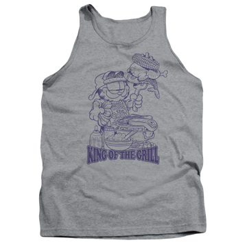 Athletic heather men's tank with Garfield King Of The Grill graphic