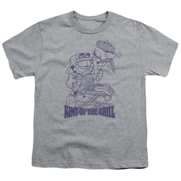 Athletic heather youth t-shirt for ages 8 to 12 with Garfield King Of The Grill graphic