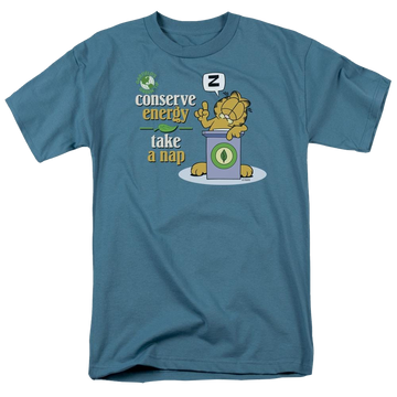 Slate men's regular fit t-shirt with Garfield Conserve Energy graphic
