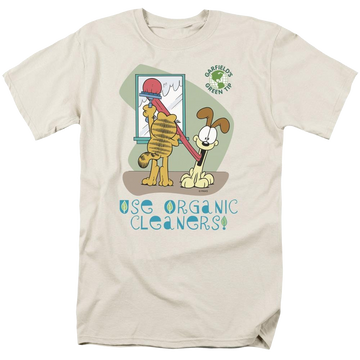 Cream men's regular fit t-shirt with Garfield Organic Cleaners graphic