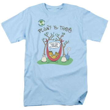 Light blue men's regular fit t-shirt with Garfield Plant A Tree graphic