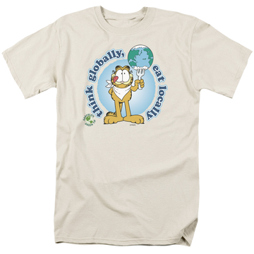 Cream men's regular fit t-shirt with Garfield Think Globally graphic