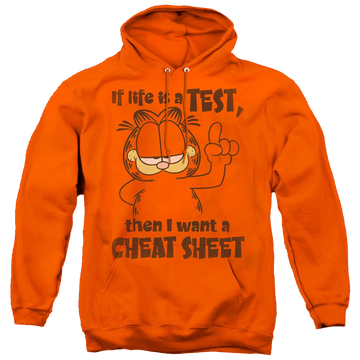 Orange pullover hoodie with Garfield Cheat Sheet graphic