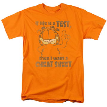 Orange men's regular fit t-shirt with Garfield Cheat Sheet graphic