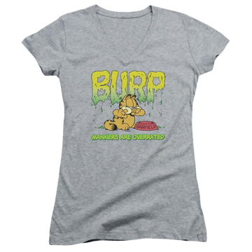 Athletic heather juniors v-neck t-shirt with Garfield Manners graphic