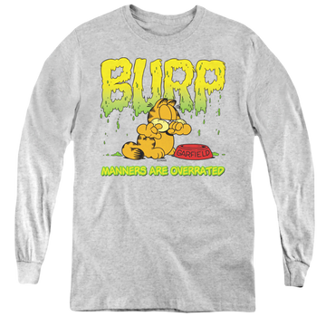 Athletic heather youth long sleeve t-shirt with Garfield Manners graphic