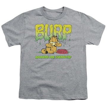 Athletic heather youth t-shirt for ages 8 to 12 with Garfield Manners graphic