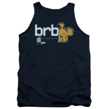 Navy men's tank with Garfield Be Right Back graphic