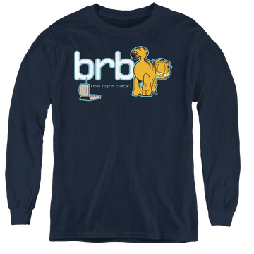 Navy youth long sleeve t-shirt with Garfield Be Right Back graphic