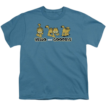 Slate youth t-shirt for ages 8 to 12 with Garfield Hello And Goodbye graphic