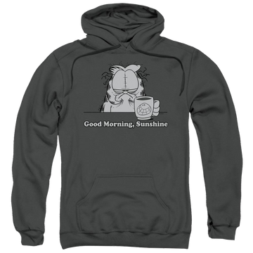 Charcoal pullover hoodie with Garfield Good Morning Sunshine graphic