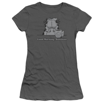 Charcoal juniors t-shirt with Garfield Good Morning Sunshine graphic