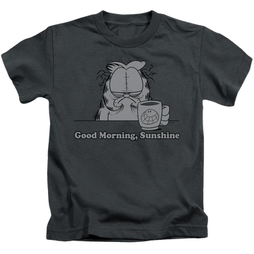 Charcoal kid's t-shirt for ages 4 to 7 with Garfield Good Morning Sunshine graphic