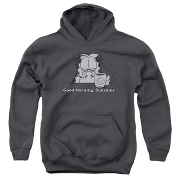 Charcoal youth hoodie for ages 8 to 12 with Garfield Good Morning Sunshine graphic