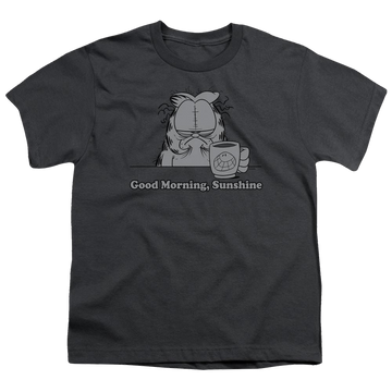 Charcoal youth t-shirt for ages 8 to 12 with Garfield Good Morning Sunshine graphic