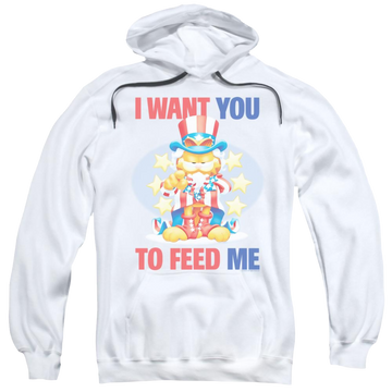 White pullover hoodie with Garfield I Want You graphic