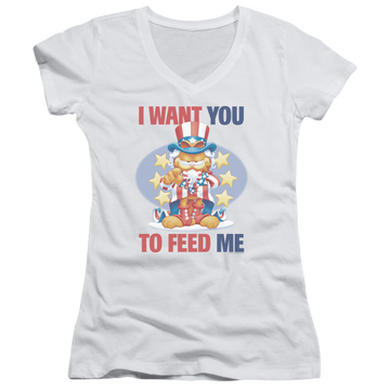 White juniors v-neck t-shirt with Garfield I Want You graphic