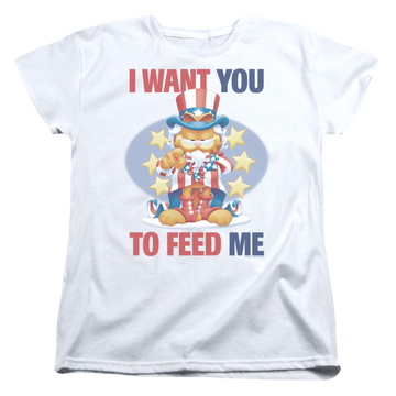 White women's t-shirt with Garfield I WANT YOU graphic