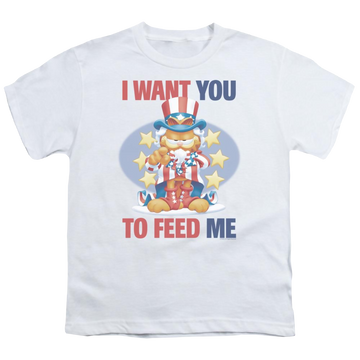 White youth t-shirt for ages 8 to 12 with Garfield I Want You graphic