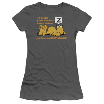 Charcoal juniors t-shirt with Garfield Stay Awake graphic