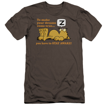 Charcoal men's premium slim fit t-shirt with Garfield Stay Awake graphic