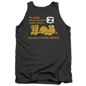 Charcoal men's tank with Garfield Stay Awake graphic