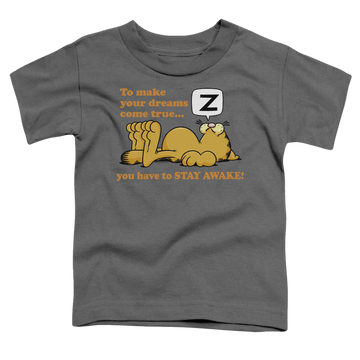 Charcoal toddler t-shirt with Garfield Stay Awake graphic