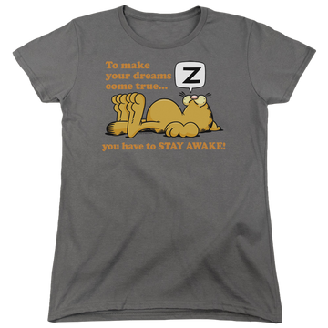 Charcoal women's t-shirt with Garfield Stay Awake graphic