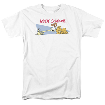 White men's regular fit t-shirt with Garfield Annoy Someone graphic