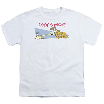 White youth t-shirt for ages 8 to 12 with Garfield Annoy Someone graphic