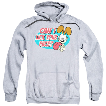 Athletic heather pullover hoodie with Garfield Question graphic