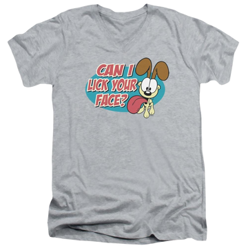 Athletic heather men's v-neck t-shirt with Garfield Question graphic