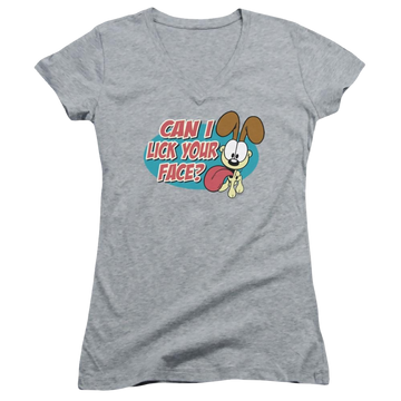 Athletic heather juniors v-neck t-shirt with Garfield Question graphic