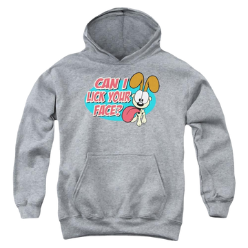 Athletic heather youth hoodie for ages 8 to 12 with Garfield Question graphic