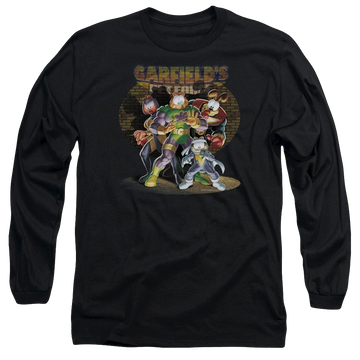 Black men's long sleeve t-shirt with Garfield Spotlight graphic