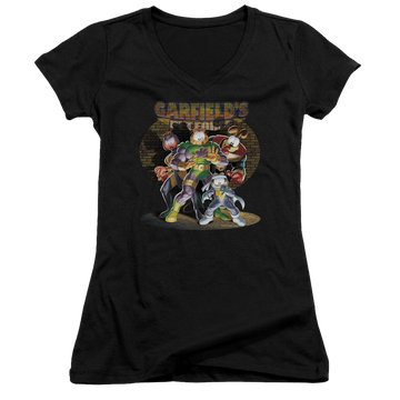 Black juniors v-neck t-shirt with Garfield Spotlight graphic