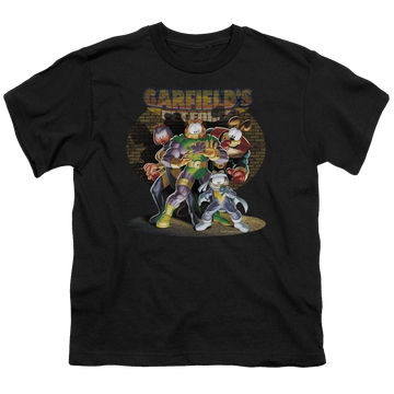 Black youth t-shirt for ages 8 to 12 with Garfield Spotlight graphic