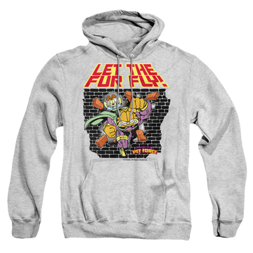 Athletic heather pullover hoodie with Garfield Let The Fur Fly graphic