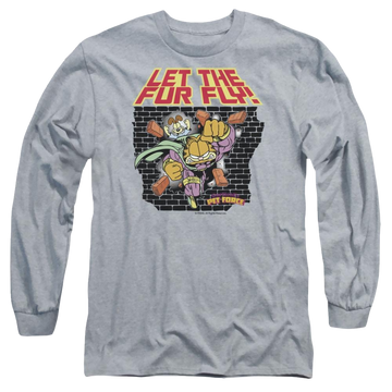 Athletic heather men's long sleeve t-shirt with Garfield Let The Fur Fly graphic