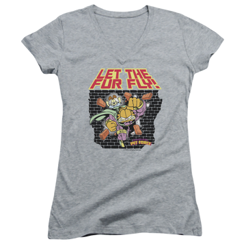 Athletic heather juniors v-neck t-shirt with Garfield Let The Fur Fly graphic